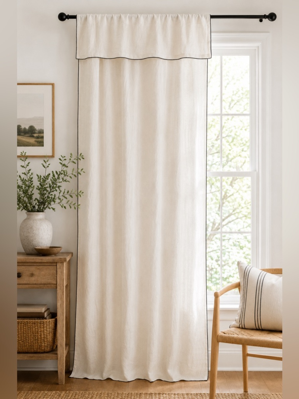 H&M Home Linen Cotton Curtain Panel Ivory Black Piping Valance 47x98